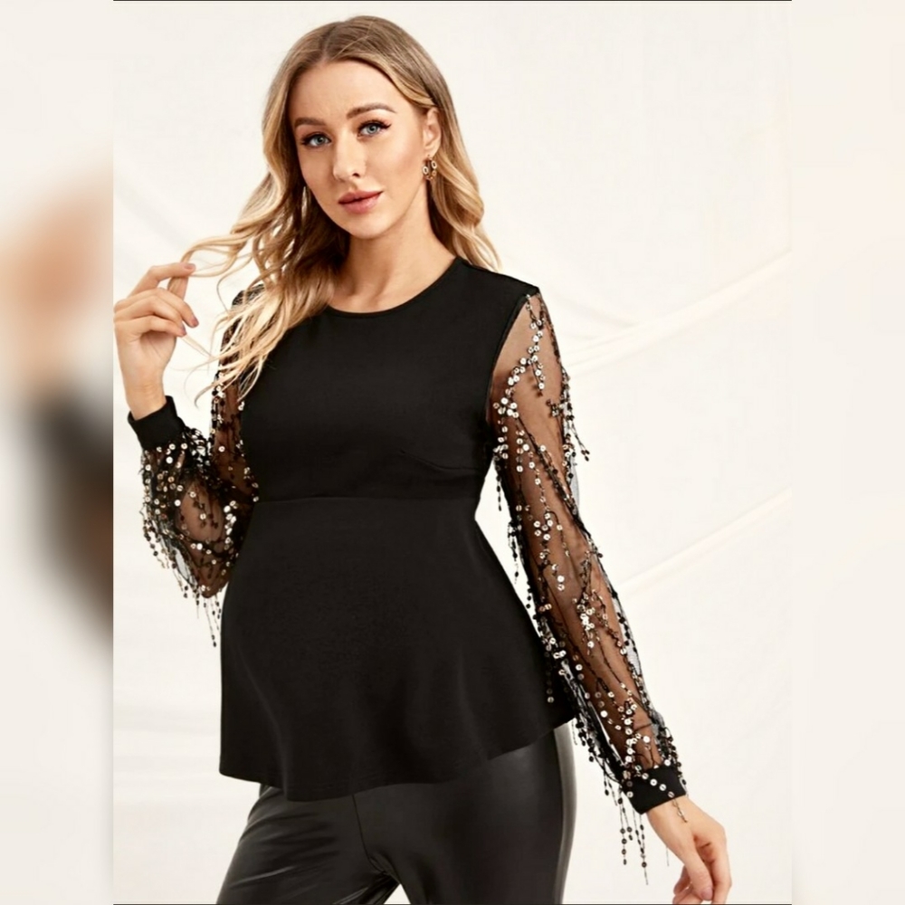Maternity Sequin Mesh Sleeve Peplum Top Black S 2X